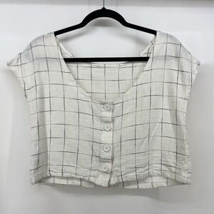Oak + Fort Size S Cropped Top Linen Blend Boxy‎ Window Pane Button Front Cream